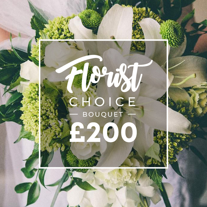 An exquisite hand-tied bouquet dominates the frame, a white and lime-green statement designed by a seasoned florist from the Golders Green area. Large white blooms-lilies or refined roses-provide a serene, candlelit core, their broad petals opening with grace and revealing delicate centers. Surrounding them, smaller white flowers add layers of texture, while generous plumes of lime-green clusters-Green Trick dianthus or vibrant hydrangea-inject a contemporary brightness that keeps the arrangement current. Deep green leaves and foliage weave through the stems, offering depth, contrast, and a natural, garden-fresh feel. The bouquet is held by a person, partially visible against a softly blurred backdrop that hints at white wedding fabrics and an arm in motion, the whole composition suggesting a moment captured before a ceremony near Golders Green. In the middle of the image sits a white rectangular frame framing the scene; within, the word Florist sits in elegant script, followed by CHOICE BOUQUET in uppercase, and a bold £200 at the base, signaling premium value. This presentation mirrors a high-end, meticulously arranged gift that speaks to refined taste and thoughtful gesture, whether for a wedding, anniversary, or a special delivery to clients across Hampstead Garden Suburb, Cricklewood, or Cricklewood Lane. The scene conveys not just beauty but a promise of care-freshness verified by the florist's daily sourcing from NW11, and a service ethos that ensures same-day delivery to Golders Green and nearby streets. It is a celebration of craft, a bouquet that would grace a wedding arch, a birthday table, or a heartfelt surprise delivered to a loved one in this corner of North London.