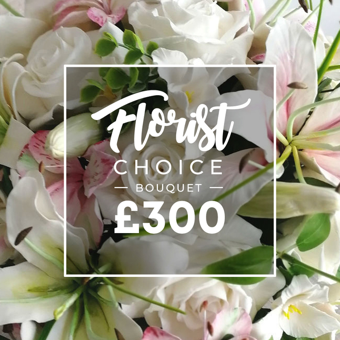 Behold a densely packed, luxurious bouquet that fills the frame with lush white roses in full bloom and white lilies whose petals hint at blush, anchored by clusters of pale pink blooms and generous green foliage-eucalyptus, likely-providing a crisp contrast and a sense of fresh air. The flowers are arranged in a hand-tied, premium presentation, stems gathered with care into a neat, rounded form that speaks of skilled craftsmanship. A pure white overlay sits square at the heart of the image, bordered by a delicate line, presenting the product title in two tones: Florist in a graceful script, Choice Bouquet in a strong uppercase sans, and the price ?300 in large white numerals. The overall mood is opulent but restrained, ideal for a sophisticated gift or a refined home welcome. For Golders Green customers seeking same-day delivery, this bouquet is available across nearby districts such as Cricklewood, Hendon, and Temple Fortune, bringing a touch of quiet luxury to birthdays, anniversaries, or sympathy occasions. The scent and texture-cool petals, subtle perfume, soft velvety surfaces-invite the mind to linger, to imagine how the arrangement would transform a dining table or a bedside cabinet.