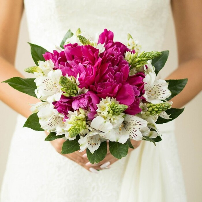 In this close-up wedding scene, the camera lingers on a bride as she holds a lush, hand-tied bouquet against the gentle texture of her white lace gown, the fabric's subtle pattern creating a calm, neutral stage for the vivid flowers. At the centre of the bouquet, large peonies in saturated fuchsia and magenta are clustered tightly, their many layered petals opening into soft, billowing shapes that suggest fullness and abundance. Between and around these bold central blooms, white alstroemeria slip gracefully into view, each petal marked with fine maroon striations and speckles that give the arrangement an intricate, almost calligraphic detail. Sprinkled throughout are slender, bright green buds and spiky, star-tipped florets, introducing a vertical, textural element that keeps the design lively and modern, as though freshly gathered from a well-kept garden just off Finchley Road. Deep green, glossy leaves encircle the bouquet and peek out from beneath the blossoms, forming a natural frame that enhances the contrast between the intense pinks, pure whites, and fresh greens. The bride's hands, carefully manicured with pale blush polish, are visible at the base of the flowers, fingers gently cupping the stems in a way that suggests both excitement and composure before the ceremony. The background fades into a soft, light blur, ensuring that every nuance of petal, leaf, and bud remains in clear focus. Crafted in the romantic, contemporary style often requested at Flowers Golders Green, this bouquet captures the spirit of a joyful North West London wedding, blending classic bridal elegance with a vibrant splash of personality.