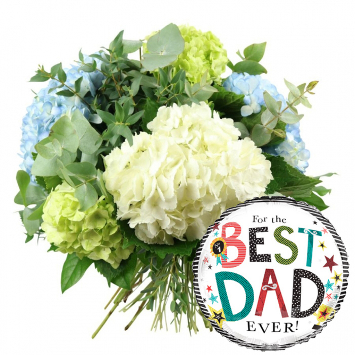 This image shows a thoughtful Father's Day gift designed in a contemporary style: a hand-tied hydrangea bouquet paired with a cheerful For the BEST DAD EVER! foil balloon, set against a simple, bright white background that lets every colour stand out. The bouquet, occupying the upper left and central part of the composition, is built from large, rounded hydrangea heads that create a full, luxurious silhouette. Soft, creamy white hydrangeas form the main focal point, their many small petals tightly layered to produce a cushioned, almost cloud-like surface. Interspersed among them are light blue hydrangeas that introduce a cool, serene tone, and vivid lime-green hydrangeas that give the design a lively, refreshing twist, particularly on the right-hand side and along the lower edge. Sprays of silvery eucalyptus and rich dark green foliage are woven between the blooms, adding variation in shape and texture, from smooth, rounded leaves to more elongated sprigs. This mix suggests a fresh, clean scent, not unlike the air in the tree-lined avenues around Golders Green and Hampstead Garden Suburb after light rain. At the base of the arrangement, the green stems are visible and neatly tied, reinforcing the handcrafted, freshly prepared nature of the bouquet. On the lower right, overlapping the flowers, a glossy round foil balloon adds a playful contrast. Its central area is a bright white canvas framed by bold black-and-white stripes at the top and bottom edges. In the middle, the message For the BEST DAD EVER! appears in a combination of fonts and colours: the smaller words in simple black, while BEST and DAD are rendered in red, teal, green, and black letters with stripes, dots, and solid fills. A tiny No. 1 rosette sits by the B, and an array of colourful stars and confetti-like dots-yellow, teal, red, and black-scatters across the surface. The overall effect is joyful and heartfelt, perfectly suited to honouring a much-loved dad with a delivery across Golders Green and surrounding NW11 areas.