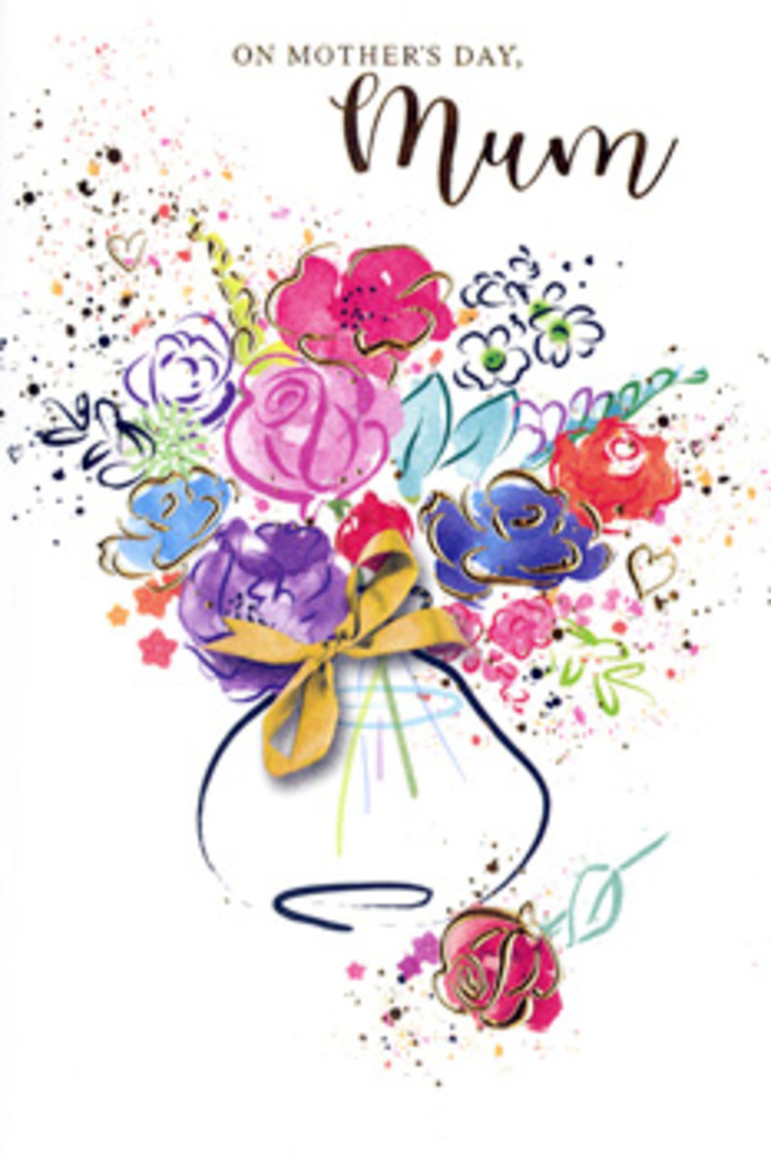 On this expressive Mother's Day card, the bouquet is painted in sweeping watercolour strokes that feel both spontaneous and deeply personal, as though sketched by a florist in Golders Green after a busy day of arranging. Hot pink and cerise blooms dominate the centre, their petals edged and shaded in deep indigo, giving the flowers a gentle sense of depth. Soft blue and lavender blossoms cushion the bolder tones, while apricot and warm coral touches peek through like shy smiles. Over many of the petals and leaves, filigree-like accents of gold trace the natural curves and veins, adding a luminous, almost tactile quality, as if you could run a finger along their outlines. The flowers spill out from a whimsical vase, its shape defined by fluid brush lines and grounded with a neat golden bow at the neck, suggesting careful finishing touches familiar to local florists serving nearby Temple Fortune and Hampstead. Around the arrangement, playful splatters of paint and scattered heart symbols dance across the white space, giving the impression of joy that cannot quite be contained. The colours bleed softly into one another where the watercolour has pooled, creating subtle halos and overlaps that mimic the way real petals overlap in a full, fresh bouquet. The overall mood is warm, affectionate, and slightly nostalgic, like opening a cherished card saved in a drawer. This illustration becomes more than a simple design; it feels like an echo of real flowers delivered across Golders Green, carrying a message of unwavering love from child to mother.
