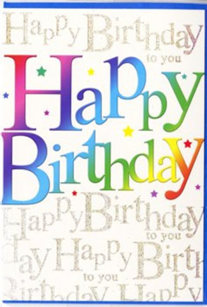 This photograph captures a lavishly designed birthday card whose front feels as exuberant as a busy weekend in Golders Green, with families and friends heading out for celebrations. Centred on the card are the words Happy Birthday, arranged in bold, block-style letters that seem to gently curve across the page, like a colourful banner strung between two lamp posts. Each letter carries a smooth gradient that sweeps through a full rainbow, starting with deep, almost velvety crimson at one edge and gliding into tangy orange, buttercup yellow, fresh grass green, turquoise, and finally into rich indigo and violet. The tones merge seamlessly, reminiscent of a carefully composed bouquet where each flower shade melts into the next, rather than standing in rigid contrast. The letters themselves have a shiny, slightly raised appearance, suggesting a high-quality print finish or gloss coating that reflects any light falling across the surface. Behind this bold, joyful greeting, the background is a soft, creamy white canvas layered with repeating lines of Happy Birthday to you written in delicate, looping gold calligraphy. The script, reminiscent of a carefully penned note, runs in gentle, parallel lines and shimmers faintly, much like the golden glow of shop lights along Golders Green Road on an early evening. Subtle sparkles and tiny glints of metallic detail punctuate the space around the text, giving the impression of scattered confetti or the last remnants of party sparkles. The overall composition feels balanced and thoughtfully crafted, combining the cheerful intensity of the rainbow lettering with the refined elegance of the golden script. It's the sort of card you might choose from a local florist's display when you want your birthday wishes to feel both vibrant and sincere, whether you're celebrating at a restaurant near Brent Cross or hosting a cosy gathering at home.