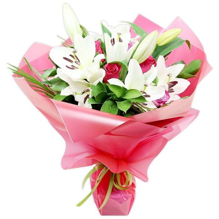 This image presents a carefully crafted bouquet of white Oriental lilies and deep red roses, standing upright against a white studio-style background that highlights every detail as if in a shop display window in central Golders Green. Dominating the arrangement are several fully open lilies, each bloom composed of broad, trumpet-like petals that layer gently over one another in a pure, luminous white. At their centre, prominent dark brown to almost purple-black anthers sit atop slender filaments, offering a dramatic contrast and hinting at the strong, sweet fragrance Oriental lilies are known for. Around these central blooms, a scattering of partially open lily buds, pale green at their tips and creamy white at their bases, suggest freshness and longevity. Nestled between the lilies are clusters of red roses, most in tight bud form, their velvety petals spiralling inward to form compact, rounded shapes. A few roses show their first inner petals loosening, adding subtle movement and a sense of unfolding romance. The greenery is abundant: large, glossy dark green leaves fan out from the base and sides, while slender, grass-like stems weave upward, giving the piece vertical energy and a natural, garden-grown character reminiscent of the leafy streets leading towards Brent Cross. The bouquet is wrapped in a wide expanse of bright pink, translucent floral cellophane that gathers in soft ruffles around the stems. Its shiny surface reflects gentle highlights, creating a festive, almost gift-like aura. At the base, a delicate lime green satin ribbon is neatly tied into a small, simple bow, its crisp texture and fresh colour adding a playful finishing touch. This bouquet feels ideal for heartfelt occasions-anniversaries, special birthdays, or a thoughtful surprise delivery to a home or office in and around Golders Green.