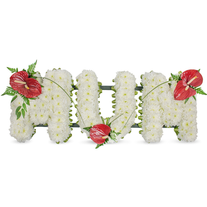 An elegant and reverent floral tribute that spells 'MUM' in three freestanding capital letters, each letter composed of hundreds of compact, pristine white spray chrysanthemums to create a plush, voluminous surface. The tightly packed blooms form a uniform, cloud-like texture that softens edges and absorbs light; in places a subtle dark green frame is visible, providing discreet support and a quiet contrast to the white massing. To introduce warmth and focal emotion, three vibrant red anthuriums are artfully positioned-one resting on the upper left of the first 'M', a second tucked into the lower curve of the central 'U', and a third accenting the upper right of the final 'M'. Each anthurium displays its characteristic pale yellow spadix and is accompanied by clusters of feathery fern and deeper green foliage, while long, arching stems or blades of grass bridge the red focal points, creating a graceful flow across the letters.
Bathed in soft daylight reminiscent of Golders Green's quiet corners near Hoop Lane and Finchley Road, the arrangement feels composed for moments of reflection and farewell. It serves as a dignified funeral or sympathy tribute-structured yet tender-conveying love, respect, and lasting remembrance for a mother. The overall craftsmanship suggests careful hands and an understanding of how texture, colour, and placement work together to offer comfort at a difficult time.