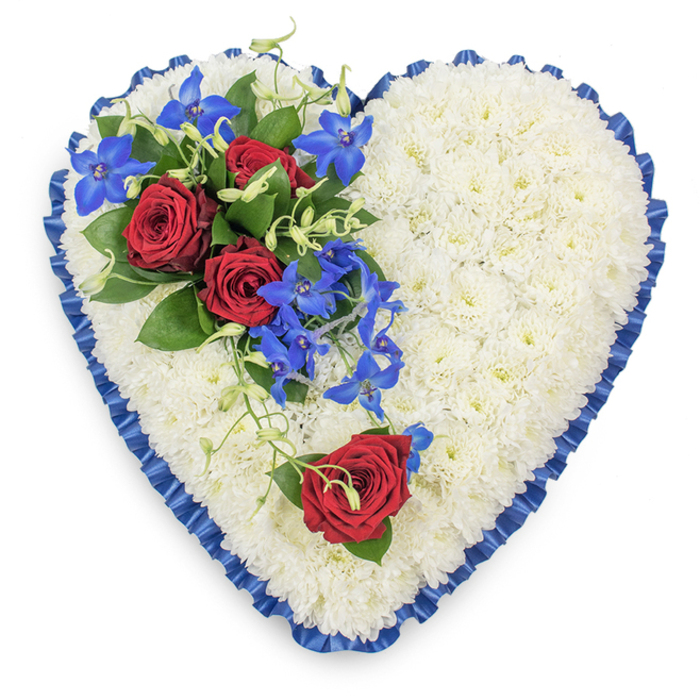 In this image, a generously sized heart-shaped funeral tribute rests against a plain, light background, allowing its colours and textures to stand out with clarity. The core of the design is a perfectly paved bed of white chrysanthemums, their small, rounded petals overlapping to produce a plush, velvety surface. There are no gaps or interruptions in this white expanse, which gives the heart a sense of purity and stillness, a quality often sought for remembrance services held around Golders Green's synagogues and chapels. Tracing the outer edge of the heart, a royal blue satin ribbon has been meticulously pleated, forming a continuous ruffled border. The ribbon's lustrous finish catches any available light, shifting from deep navy tones in the shadows to brighter sapphire along the ridges, lending a gentle formality to the tribute. On the upper left curve, a rich spray of flowers introduces colour and emotion. Three red roses, fully open and velvety, sit at the centre of this cluster, surrounded by polished dark green leaves that give structure and contrast. Threading through them are stems of blue dendrobium orchids, their slender, wiry lines and starry petals in shades of electric blue and indigo adding movement and a modern touch. Wisps of soft, curling light green foliage trail from the spray, easing its transition onto the white chrysanthemum base. On the lower right, a single red rose rests alone, its placement deliberate, like a final message or last goodbye. The overall effect is of a lovingly composed sympathy heart that combines tradition with vivid colour, a fitting choice for families in Golders Green wishing to express lasting love and respect.