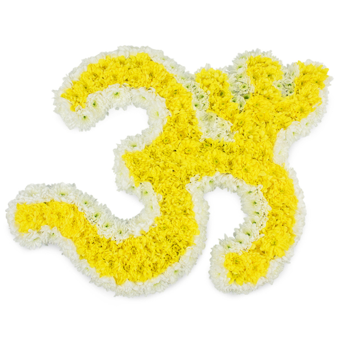 This image presents a meticulously designed floral tribute in the form of the sacred Om (Aum) symbol, commonly associated with Hindu worship, meditation, and the idea of universal oneness. The symbol is created entirely from densely packed fresh flowers, laid out on a brilliant white background that enhances its clarity and focus. The main body of the Om is filled with vivid yellow blooms, likely small chrysanthemums or marigolds often used in temple offerings, their petals overlapping tightly to form a richly textured blanket of colour. These yellow flowers trace every curve and loop of the character, from the broad lower sweeps to the more delicate upper strokes, lending the entire symbol a sense of warmth, vitality, and spiritual light. Encasing this golden heart is a perfectly defined border of pure white blossoms, forming a continuous outline that emphasises the flowing shape and gives the piece a refined, almost sculpted appearance. The small dot-like element at the top right is also formed from the same yellow-and-white combination, ensuring the Om remains complete and easily recognisable. Bright, high-key lighting makes the yellows glow with a luminous, auspicious quality, while the whites seem crisp and peaceful, like a quiet morning sky over Golders Green Crematorium or the tranquil gardens dotted around Hampstead and Golders Hill Park. As a funeral tribute, this floral Om symbol carries a strong sense of reverence and cultural authenticity, suited to families who wish to honour traditional rites while surrounding their farewell with natural beauty. It is both solemn and uplifting, offering comfort, respect, and a gentle reminder of continuity through its harmonious interplay of colour, shape, and sacred meaning.