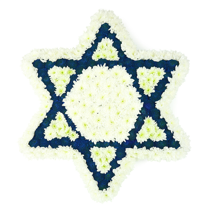 The photograph shows a striking Star of David funeral arrangement, laid flat against a bright white background so that every petal and line of the design is easily traced by the eye. The classic six-pointed symbol is constructed from hundreds of small, fresh flowers, the majority either crisp white or a deep navy blue that borders on indigo. Around the very edge of the star runs a raised border of fluffy white blooms, similar to short-stemmed chrysanthemums, packed so tightly that no gaps show between them, giving a soft but clearly defined frame to the Jewish emblem. Inside this border, the florist has created a white central hexagon, a solid block of clean, luminous petals that becomes the visual anchor of the tribute. Radiating outwards, the six points of the star are filled with dark blue flowers, densely clustered so they appear velvety and shadowed, heightening the contrast with the pale centre. In each blue point, just where the arm of the star meets the inner shape, a smaller triangle of white petals has been inset, forming a repeating pattern of white and blue that suggests layers within the symbol. The arrangement feels both contemporary and deeply traditional, echoing the colours often seen around Jewish homes and businesses in Golders Green, from nearby synagogues to delicatessens along Golders Green Road. The texture is lush and cushion-like, suggesting a gentle, almost quiet presence, suitable for resting beside a coffin, at the front of a chapel, or in a shiva house. It is a composed, dignified piece that speaks of remembrance, faith, and the enduring bonds of family and community.