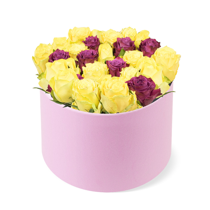 Presented in a luxurious round pastel pink box with a soft, suede-like finish, this vibrant arrangement stands on a white backdrop that makes every hue sing. The dense cluster comprises 30 to 40 roses, predominantly sunny yellow with their petals just starting to unfurl, plus deeper purple or burgundy roses that inject drama and depth. The flowers are packed to create a full dome that rises slightly above the rim, a deliberate display of abundance and meticulous craftsmanship. Very little green leaves remain visible, letting the striking yellow and plum color story take center stage while the box's velvety texture softens the overall impression. The scene feels modern and premium, a gift ready for a luxury flower delivery to honor a birthday, an anniversary, or a thoughtful just because moment. As a Golders Green florist with intimate knowledge of the area, I imagine this bouquet brightening doors from Golders Green to Hampstead Garden Suburb, and Cricklewood to Finchley Road, bringing warmth and style to any home. This piece is a testament to thoughtful artistry and care, designed to be admired up close and cherished from afar, and it is offered with dependable delivery across Golders Green.