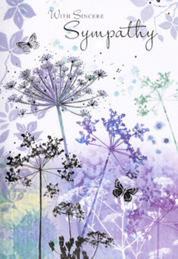 The design of this funeral sympathy card carries a peaceful, meditative quality, reminiscent of looking across the calm green spaces around Golders Hill Park in the hush of early evening. Tall, slender wildflower stems rise in graceful arcs, each topped with a cluster of fine, umbrella-like florets that are drawn in intricate, lacework detail. The flowers themselves are not bold in colour; instead, they are composed of gentle violets, powder blues, and cool greys that soften into one another, as though brushed into place by a careful hand using delicate watercolour. Behind them, the background fades into blurred veils of lavender and soft blue, like a distant field seen through light morning mist, inviting the eye to rest and the mind to quieten. Two butterflies hover with wings half open above the wispy petals, rendered in the same muted palette, suggesting a quiet resilience and the way life continues, even after deep sorrow. The overall lighting is diffuse and tender, free from shadows, evoking that soft, protective brightness you might notice walking from Golders Green station towards Hampstead Garden Suburb on a still, overcast day. A gentle message of sympathy is placed within this scene in elegant, flowing script, not dominating the illustration but harmonising with it, as if spoken in a low, reassuring voice. As a florist who often helps local families choose farewell flowers and condolence cards, I see in this artwork the intention to offer more than words-a visual pause, a moment of reflection, and an invitation to remember with grace and dignity, perfectly suited to accompany a tasteful funeral arrangement delivered in and around Golders Green.
