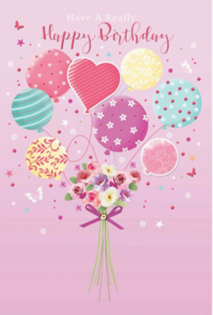 This enchanting birthday artwork captures the feeling of a joyful celebration rising above the rooftops of Golders Green. Set on a tranquil blush-pink background, a cluster of pastel balloons floats upward, each one decorated with its own playful design: swirling ribbons that look like spun sugar, crisp stripes in rose and teal, tiny polka dots that seem to dance, and delicate floral patterns reminiscent of a cottage garden. One balloon takes the shape of a softly rounded heart, suggesting a message filled with affection. The colours are gentle yet uplifting-pale sunshine yellow, rosy fuchsia, lavender, mint, and sea green-merging into a soothing palette like the soft hues of sunset over nearby Golders Hill Park. Suspended beneath the balloons, a hand-tied bouquet forms the visual anchor of the piece. It features small roses and daisy-like blossoms shaded from cream to blush pink and tender mauve, their petals velvety and layered, as if just opened that morning in a local florist's studio. The stems are gathered neatly and finished with a sparkling purple satin bow, giving the impression of a carefully crafted birthday gift ready for delivery across Golders Green and the surrounding streets off Finchley Road. Tiny stars and fluttering butterflies scatter through the scene, adding movement and a whisper of magic, like the fleeting joy of blowing out candles. Soft, ambient light falls across the balloons and blooms, catching their gentle sheen and creating a mood of intimate, heartfelt celebration that would make any recipient feel treasured on their special day.