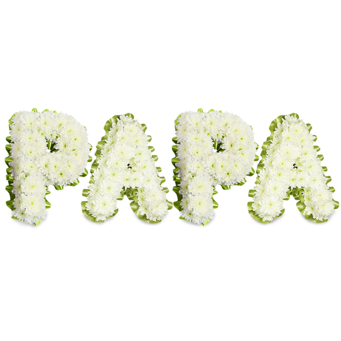A classic memorial composition spelling PAPA in four bold uppercase letters, each formed by densely grouped small white flowers, likely spray chrysanthemums or petite carnations, creating a plush, pillowed surface with a soft, tactile volume. Set against an immaculate white backdrop, every petal edge and inward curl is visible under soft, diffused lighting, giving the letters a gentle three-dimensional quality and a quiet sense of repose. The perimeter of each character is neatly finished with a pleated, pale green ribbon or a slender fringe of bright foliage, the subtle ruffling offering clear contrast and crisp definition while preserving the arrangement's understated dignity. Arranged in an even horizontal line, the lettering has been measured and executed with the calm precision of an experienced hand, where proportion and negative space are chosen to read naturally in funeral chapels and memorial halls. One can almost sense the light herbal perfume of the greenery mingling with the soft floral scent, a comforting olfactory reminder of seasonal gardens and familiar family homes. From the perspective of a local florist who has delivered tributes across Golders Green and nearby Hampstead Garden Suburb, this piece suits a traditional service, a graveside farewell, or a commemorative display; it speaks of pure affection and steady respect, offering a visual and material expression of love for a father or grandfather during bereavement.