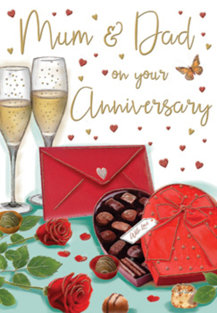 The anniversary card scene is illustrated as though someone has arranged a romantic still life on a table in a quiet Golders Green living room, moments before an intimate celebration begins. Two champagne flutes stand close together at the back of the composition, their tall, slender shapes filled with a soft golden liquid. Delicate bubbles rise in each glass, catching little sparks of light that evoke the gentle flicker of candlelight after sunset on a side street near Brent Cross. At the front of the card, a classic heart-shaped box of chocolates lies open, its red exterior rich and glossy, the satin bow carefully tied and slightly draped, signalling this is a gift given with thought and affection. Inside the box, individual chocolates sit snugly in their compartments, their dark surfaces gleaming, ready to be shared. To the side, two sumptuous red roses rest on the tabletop, petals layered and full, as plush and saturated in colour as the finest blooms chosen at dawn by Flowers Golders Green. Their green leaves offer a fresh contrast, framing the roses so they seem almost three-dimensional against the gentle, neutral backdrop. Scattered around the arrangement are small golden and deep red hearts, softly floating like confetti caught in mid-air, reinforcing the celebratory feel of the illustration. A bright red envelope, closed and waiting, leans at an angle near the chocolates, hinting at heartfelt anniversary wishes written by hand. Altogether, the image radiates warmth, indulgence, and the comfortable romance of a couple marking another year together in the familiar surroundings of NW11.