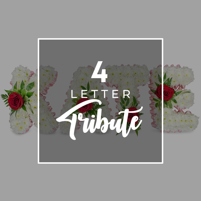 This image gently introduces the idea of bespoke four-letter funeral tributes, the kind often requested by families in Golders Green when they wish to spell out a name or a simple, meaningful word. The setting is minimalist: a smooth light grey background that feels calm and unobtrusive. Floating at the centre is a dark, semi-transparent grey square, edged with a fine white border that frames the message within. Across this central pane, white text is carefully arranged. The number 4 stands tall and prominent at the top, followed by the word LETTER in a clean, modern font, while beneath it the word Tribute is written in a more graceful script, the curves of the letters softening the graphic layout and hinting at the tenderness behind such arrangements. Visible behind and around this translucent square are four floral letters, their shapes emerging clearly at the sides where they extend beyond the overlay. Each letter is formed from tightly packed white chrysanthemums, their small, layered petals creating a textured, cushion-like surface that feels both pure and comforting. A fine edging of pale pink ribbon runs around the sides, just showing through the flowers, like a gentle blush or a touch of warmth. Dotted through the white blooms are striking red roses, their deep, velvety petals framed by dark green foliage, providing vivid points of colour that echo the intensity of memory and grief. The overall composition conveys how skilled florists in Golders Green can craft custom sympathy tributes, turning individual letters into a unified expression of love, remembrance, and quiet dignity.