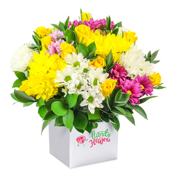 Against a spotless white backdrop, a compact, dome-shaped bouquet overflows from a pristine white square box, its colours and shapes carefully layered to create a feeling of abundance. The design is dominated by joyful yellow tones, where large, full-petalled chrysanthemums and clusters of small yellow roses form a golden canopy of petals, some still in bud and others fully unfurled. Crisp white blooms weave between them: daisy-like chrysanthemums with fresh green centres and fluffier white chrysanthemums, their soft, multi-layered petals giving a sense of lightness and air. Cutting through this sunshine palette, fuchsia and magenta chrysanthemums appear in generous clusters, bringing depth and drama with their saturated colour and velvety texture, sometimes fading into softer pink edges. Tiny rosebuds in pastel pink and lemon-yellow peek out playfully here and there, hinting at future blooms and adding to the bouquet's textured appearance. Lush, dark green foliage surrounds and supports the flowers, each leaf glossy and slightly curved, forming a rich frame that makes the brighter tones pop. The arrangement is carefully placed in a minimalist white cube that doubles as both vase and gift packaging, tidy and space-saving, ideal for a mantelpiece or side table in a Golders Green home close to Hampstead Garden Suburb. The overall impression is one of cheerful simplicity and thoughtful craftsmanship, perfect for sending warm wishes, marking a small celebration, or brightening a work-from-home desk with a budget-friendly flower delivery in and around Golders Green.
