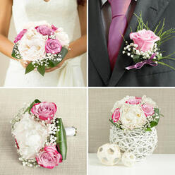 This photograph shows a thoughtfully coordinated wedding floral collection, styled with an air of gentle elegance that would feel at home in any Golders Green ceremony, from a synagogue off Golders Green Road to an intimate gathering near Hampstead Garden Suburb. The main focus is the bride's bouquet, a rounded, hand-tied cluster of lush cream peonies and blush and magenta roses. Their petals are soft and velvety, with ruffled centres that seem to unfurl slowly, giving the bouquet a sense of movement. Interwoven throughout are delicate sprays of white gypsophila, like tiny stars scattered between the larger blooms, softening the edges and adding a dreamy texture. Rich, glossy green leaves cradle the flowers, creating a smooth frame and grounding the pastel tones with fresh, natural depth. Close by, a coordinating groom's boutonnière lies ready to be pinned, featuring a single lilac rosebud accented with a light dusting of baby's breath and a hint of feathery foliage, all secured with a narrow, satin-finish lavender ribbon. The lighting is gentle and flattering, suggesting a calm indoor setting before guests arrive, perhaps on a quiet residential street near Temple Fortune. The overall impression is one of poised romance and heartfelt intention, as though these flowers have been carefully crafted to hold the emotions of the day-hope, tenderness, and the quiet thrill of commitment-within every petal and stem.