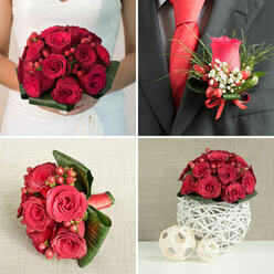 This four-image collage presents a cohesive red rose wedding collection, as though captured just before guests arrive at a refined Golders Green reception. In the top-left panel, the camera lingers on a bride in a white dress, her hands gently cupping a rounded bouquet of deep red roses. The blooms are tightly clustered, each petal plush and velvety, while a ring of rich green foliage forms a precise collar at the base. Nestled between the flowers, small round red hypericum berries catch the light, giving the bouquet a lively, jewel-like sparkle that feels timeless and elegant. The top-right panel moves to the groom's charcoal-grey suit, where a single red rosebud boutonniere rests against the lapel. Surrounding the rose, delicate sprigs of fine green foliage and airy white gypsophila soften the look, while matching red berries and a slim red satin bow bring the design together, as if styled by a local florist just off Finchley Road. In the bottom-left panel, a second bouquet of lush red roses and berries lies against a neutral beige fabric, framed by wide, dark green tropical leaves that curve confidently around the blooms. A red ribbon binds the stems, suggesting it might be a bridesmaid's bouquet or a ceremony accent at a nearby synagogue or registry office. The bottom-right panel shows a compact, dome-shaped table centrepiece of red roses and berries, resting atop a white woven spherical holder made from natural fibres. Two smaller wooden or wicker-like spheres sit beside it on a smooth surface, all set against a soft beige and grey background, evoking the calm, polished ambience of a Golders Green wedding breakfast where every floral detail works in harmony.