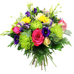 Set against a clean white background, this exuberant mixed bouquet looks as if it has just been gathered from a particularly colourful garden bordering Golders Hill Park. At its heart, you can almost feel the softness of several hot pink roses, fully opened so that their velvety petals form deep, spiralling rosettes. Dancing around them, lime green spider chrysanthemums bring a burst of playful texture; their long, narrow petals radiate outwards like tiny fireworks, adding a contemporary twist to the design. Threaded through the arrangement are royal purple and indigo lisianthus, some blossoms open in elegant, bell-shaped cups, others still partially closed, their buds smooth and poised, creating a lovely sense of anticipation. Between these richer tones, bright yellow gerbera-type blooms shine like little suns, their rounded centres and layered petals mirroring the cheerful buzz of the cafés along Golders Green Road. A single cream or pale yellow rosebud nestles low in the design, its tightly furled form lending a quiet, romantic note amid the brighter colours. Smaller accents of lavender and blush pink filler flowers weave in and out, while slender green buds rise above the main blooms, giving the arrangement airiness and depth. A generous collar of foliage anchors everything: dark, glossy leaves, airy fern fronds, and smooth, eucalyptus-like stems create a multi-layered green backdrop that enhances the bouquet's vivid palette. The overall shape is round, full, and hand-tied, with stems gathered neatly, ready to slip into a favourite vase in a Golders Green home. It feels joyful yet refined, ideal for same-day flower delivery to celebrate milestones, say thank you, or simply bring a burst of springlike colour indoors.