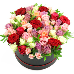 A dramatic rose-filled hatbox sits centred against a bright white backdrop, the details captured with the clarity of daylight streaming into a Golders Green florist's window. The container is a sleek, cylindrical box in deep black, edged at the base with a fine red band that adds a subtle, stylish accent, reminiscent of an elegant gift picked up on the way home from Golders Green station. From this box, a dense, perfectly rounded dome of roses erupts, so generously packed that not a gap of the box interior can be seen. The colour composition is rich and complex: velvety crimson reds symbolising deep affection, intertwined with soft blush and vibrant fuchsia roses that bring a youthful, celebratory energy. Warm coral and delicate peach tones thread through the design, blending into creamy white and ivory blooms that lift the palette and create areas of light. Scattered between them are refined lavender and soft purple roses, adding a cool, contemporary note that feels right at home among the leafy avenues near Golders Hill Park. Each bloom is at a different stage of opening: large, fully unfurled roses reveal many layered petals, while smaller spray roses and buds introduce fine texture and gentle movement across the surface of the dome. Wisps of fresh green foliage, likely eucalyptus or similar greens, are woven among the flowers, providing contrast and a hint of woodland fragrance. The overall effect is one of polished luxury and emotional warmth, a design that would be equally suited to an anniversary dinner in NW11, a romantic Valentine's delivery, or a grand birthday surprise sent from afar to someone special in Golders Green.
