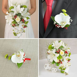A four-image grid captures an elegant wedding flower theme in white, green, and red, the sort of refined styling often chosen by couples marrying around Golders Green and Hampstead Garden Suburb. In the top-left frame, a bride, visible from the chest down, holds a cascading bouquet in front of a soft beige backdrop. Her simple white gown, with its gentle texture, contrasts beautifully with the generous cluster of blooms. Wide, star-shaped oriental lilies in pure white open proudly, their stamens adding a hint of depth, while graceful white phalaenopsis orchids tumble downwards in slender arcs. At the heart of the bouquet, a creamy yellow rose brings warmth, tucked into a bed of vivid green pompon-like flowers, bright red berries that could be hypericum, and a mist of tiny white gypsophila. Fine tendrils of greenery and airy grasses create texture and a sense of movement. The top-right panel focuses on a groom in a dark suit with a white shirt and vibrant red tie, his lapel finished with a coordinated boutonnière. A single immaculate white orchid bloom, a touch of fresh green, and delicate white filler flowers are bound tidily with a narrow red ribbon, echoing the colours of the bouquet. The bottom-left panel lays this same boutonnière on a pale, linen-like fabric, showing off the contrast between the satin ribbon, glossy green leaf, and velvety orchid petal. In the bottom-right frame, the bridal bouquet stands in a white woven basket-style vase on a bright white surface beside three decorative white wicker balls, set against a pale grey wall. The composition feels calm yet celebratory, like a reception table ready for guests arriving from nearby Golders Green station.