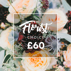 Shot close enough to smell the blossoms, this bouquet reads as a summer garden vignette at dusk: soft peach garden roses open in layered spirals, their creamy edges catching gentle light, while rich burgundy dahlias anchor the arrangement with velvety depth. Dusty blue eryngium spikes rise like tiny sea-sculpted stars, providing a cool, sculptural counterpoint to the warm roses; pale green to white berries - resembling hypericum - dot the design and add playful texture. Lush eucalyptus leaves mingle with darker leafy stems, their silvery undersides and lemony scent giving the bouquet an airy, restorative lift. The overall composition feels generous and artful, a florist's confident hand balancing opulence and ease, well suited to both a heartfelt apology and a joyous milestone. A clean white square with softly rounded corners sits atop the floral canvas; inside, flowing script spells "Florist" with "CHOICE" in neat uppercase below and a bold "?60" showing the price-an unobtrusive label that reads like a trusted recommendation. As a Golders Green florist, we imagine this piece placed on a kitchen table after a brisk walk from Golders Hill Park or delivered to a Finchley Road flat for a birthday - its scent warming a small room and its rich colours catching the late afternoon light. Crafted to feel hand-selected, this bouquet offers seasonally chosen stems that celebrate texture, scent, and the quiet expertise of a local floral designer from Flowers Golders Green.
