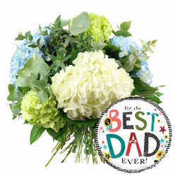 A celebratory Father's Day arrangement is presented on a clean white backdrop, pairing a lush hydrangea bouquet with a bold "For the BEST DAD EVER!" balloon, as you might see waiting on the counter of a Golders Green flower shop before local delivery. The bouquet fills the left and central portion of the image, its rounded shape built from generous, dome-shaped hydrangea heads. At the centre, creamy white hydrangeas create a soft, gentle core, each floret forming a tightly packed, cloud-like cluster. Around them, light blue hydrangeas add a tranquil, cooling note, while bright lime-green hydrangeas tucked toward the lower left and upper right give the design a fresh, energetic lift. The overall palette of whites, blues, and greens feels calm yet celebratory, like a quiet thank you shared after a Sunday walk through Golders Green's residential streets. Throughout the arrangement, silvery eucalyptus leaves and deeper green foliage thread between the blooms, contributing texture, subtle movement, and a suggestion of crisp, herbal fragrance. At the bottom, the stems are visible and neatly tied, underlining the hand-tied craftsmanship. On the lower right, slightly overlapping the flowers, a gleaming round foil balloon stands out. Its white centre is bordered by striking black-and-white stripes at the top and bottom, framing the joyful message, "For the BEST DAD EVER!" The words "BEST" and "DAD" are large and playful, each letter in a different colour or pattern-red, teal, green, black, stripes, and dots-while a tiny "No.1" rosette accents the B, hinting that this dad is a champion in his family's eyes. Small stars and confetti-style dots in yellow, red, teal, and black scatter across the balloon, echoing the lively mood. Together, the hydrangea bouquet and balloon compose a thoughtful, modern gift, ideal for celebrating a beloved father in Golders Green or nearby neighbourhoods.