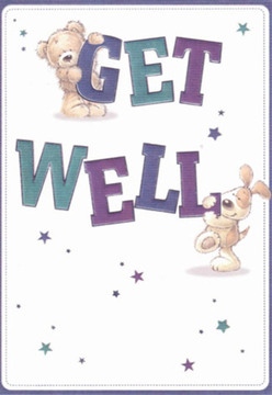 Amid the calm elegance of a cream-white background, the joyful artwork on this get well card draws you in-a smiling teddy bear perches atop the thickly lettered word "GET," while a lively puppy presses close to the bold "WELL," their interaction tender yet full of playful spirit. Stars in varied shades of blue and purple are scattered in spirited motion around them, echoing the hopeful atmosphere you might feel strolling the streets of Golders Green on a clear day. The text is rendered in confident purples and teals, their richness of tone bringing to mind locally inspired bouquets that pair bold irises and gentle bluebells. The gentle roundness in the animals' features adds a sense of comfort and affection, as if their hugs could transmit healing energy right through the card. The textures are softly inviting-the bear's fur almost touchable, the puppy's ears plush, details that fill the scene with nurturing care familiar to anyone who's stopped by our local shop near Golders Hill Park. That same careful attention to detail-a trait we at Flowers Golders Green bring to every arrangement-is mirrored in the thoughtful composition, creating an image that brightens even the toughest days. A card like this, sent along with fresh flowers for same-day local delivery, radiates the warmth, optimism, and supportive spirit unique to the heart of Golders Green.