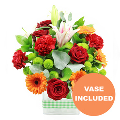 A luxuriant mixed-colour bouquet sits proudly in the centre of the frame, artfully arranged in a low, rectangular glass vase that has been banded with a light green and white gingham ribbon, echoing the relaxed, village feel of Golders Green's side streets. The flowers, captured against a pure white backdrop, radiate warmth and celebration. Deep red roses with tightly layered, velvety petals are clustered throughout the design, their classic romance softened by tufts of red-orange carnations whose ruffled edges introduce a sense of softness and movement. Bright orange gerbera daisies, each with a dark central disk, fan out their flat petals like mini suns, casting an uplifting, cheerful mood that feels perfect for a birthday surprise or a thank-you delivered to a friend off Finchley Road. Standing taller within the arrangement, white Oriental lilies with blush-pink stripes open into star-shaped blooms, their long stamens tipped with rich pollen, while several buds remain closed, adding sculptural height and promise. Threaded between these focal flowers are numerous lime-green pompom chrysanthemums, their tight, spherical heads offering a playful, almost moss-like texture. Lush greenery in deep forest tones is interwoven with slender stems of silver-green eucalyptus, whose matte leaves contrast beautifully with the glossy foliage and give a hint of airy, natural fragrance. The stems are clearly visible through the transparent vase, submerged in clear water that suggests just-cut freshness from a skilled local florist. At the lower right, a circular orange graphic neatly overlaps the image, displaying the words "VASE INCLUDED" in bold white letters so viewers instantly see that this is a complete, ready-to-display floral gift, perfect for homes and offices around Golders Green and the wider NW11 area.