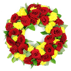 A perfectly round funeral wreath of red and yellow blooms rests against a clean white backdrop, much like a thoughtfully arranged tribute ready to be delivered to a service in Golders Green. The circular form is strong and unbroken, symbolising continuity and eternal remembrance, with an open centre that allows light to flow through. Deep red roses make up the core visual impression, their velvety petals layered in tight concentric spirals, some in a classic clear crimson, others shading into darker, almost wine-like burgundy. These roses sit close together, touching petal to petal, creating a soft yet powerful ring of colour. Nestled between them are generous clusters of bright yellow chrysanthemums, probably sprays or button types, each flower packed with many slender petals that radiate outward like miniature suns. This yellow detailing adds an uplifting brightness, balancing the emotional weight of the red. Threaded throughout the flowers, rich green foliage adds depth and structure: there are broad, polished leaves that catch the light with a gentle gloss, and more subtle, silvery-green leaves reminiscent of eucalyptus, whose softer tones give the arrangement a natural, contemplative feel. The design is carefully constructed so that no single bloom dominates; instead, every rose and chrysanthemum contributes to a harmonious whole. Under even, studio-style lighting, the textures of petal and leaf appear crisp and fresh, suggesting a wreath created by an experienced local florist with empathy and precision. It is the kind of floral tribute that could accompany a farewell at Golders Green Crematorium, a chapel on Temple Fortune Lane, or a quiet graveside gathering in the surrounding area, offering a message of respect, love, and shared memory.