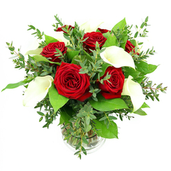 In this image, a carefully crafted bouquet of red roses and white calla lilies is presented in a simple clear glass vase, set against a spotless white backdrop that draws the eye to the flowers alone. The roses, around six or seven in number, are fully open yet still plush, with densely layered petals that curl inward in tight spirals of rich crimson, their velvety texture almost tangible. Nestled between them, four or five white calla lilies rise like elegant sculptures, each bloom shaped into a smooth, flaring trumpet that curves gently upward, revealing a slim yellowish spadix at the centre. The creamy white of the callas softens the dramatic red of the roses, creating a feeling of balance-passion tempered with calm, like a quiet evening stroll through Golders Green after a celebration on nearby Finchley Road. A generous collar of greenery surrounds the blooms: eucalyptus stems with slender, bluish-green leaves drift lightly through the arrangement, adding airiness and movement, while darker, broader leaves provide a strong, verdant base, giving the design its full, rounded silhouette. The stems are visible through the cylindrical vase, submerged in clear water, emphasising the bouquet's freshness as if just arranged for delivery across Golders Green and surrounding streets. Bright, clean lighting enhances every contour and casts gentle shadows, making the interplay of red, white, and green stand out vividly. The composition feels thoughtful and composed, perfect for commemorating an anniversary, offering heartfelt congratulations, or becoming the refined focal point of a dining table in a local Golders Green home.