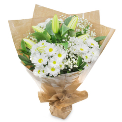 An upright bouquet of serene white and green flowers is photographed against a flawless white background, the composition clean and uncluttered so the viewer's eye rests solely on the blooms. At its heart, numerous daisy-style white chrysanthemums open widely, each flower a circle of fine, crisp petals that radiate out from a vivid yellow-green centre, creating an impression of gentle brightness rather than bold colour. Rising gracefully above this cushion of daisies are a handful of long, slender lily buds, their petals still closed and smooth, washed in creamy white with hints of fresh green along the edges, suggesting they will unfurl in the coming days. Scattered delicately through the design, tiny clusters of white baby's breath form airy tufts, like soft puffs of cloud threaded among the main flowers. The stems are framed by rich, dark green foliage, slightly glossy and carefully spaced so the greens do not overpower the whites but instead support them, much like the quiet, tree-lined streets around Temple Fortune support the bustle of nearby Golders Green. The entire bouquet is wrapped in a layer of warm brown kraft paper, its natural texture and gentle folds giving the design a handmade, thoughtful character. Outside this, a transparent cellophane wrap catches soft reflections, hinting that the bouquet might be on its way to a nearby home or synagogue as a message of sympathy. The overall mood is one of purity, calm, and quiet optimism, a comforting floral arrangement that feels appropriate for remembrance, condolence, or simply bringing a little stillness into a busy North West London day.