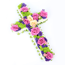 Against a spotless white background, a beautifully composed floral cross appears slightly tilted from upper left to lower right, giving the arrangement a gentle sense of movement, as though it has just been carefully set down in a quiet chapel near Golders Green. The outline of the cross is formed by a dense, pristine collar of small white spray chrysanthemums, their tiny, cushion-like blooms packed closely together to create a soft yet clearly defined silhouette. Just beneath this halo of white, a subtle edging of folded pale green ribbon or foliage runs along the entire perimeter, offering a fresh, verdant echo of the trees lining the streets around Golders Green station. Inside this frame, the cross is richly filled with a carefully balanced blend of flowers: large roses in vivid fuchsia pink and mellow, creamy yellow are placed with intention along the shaft and arms, drawing the eye gently from top to base. Between these roses sit bright lime-green button chrysanthemums, each spherical head adding lively texture and a contemporary note to this traditional funeral tribute. Deep violet and purple flowers, likely statice or lisianthus, are threaded thoughtfully throughout, their darker tones grounding the brighter colours and suggesting quiet reflection and dignity. The blooms appear fresh and dewy, as though arranged that morning for same-day delivery to a Golders Green chapel or crematorium. Lit with bright, even light, every detail-from the layered rose petals to the tiny white florets-stands out clearly. The overall impression is one of love, remembrance, and a hopeful celebration of life, captured in a meticulously crafted sympathy cross that feels both personal and deeply respectful.