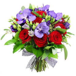A sensory journey begins the moment you lay eyes on this bouquet, a celebration of contrasts that sits softly yet commands attention against the clean white backdrop. The plush crimson roses lead the way with velvet petals that release a warm, intimate perfume as they open, while among them the purple Vanda orchids spread their exotic, wing-like blooms, their broad petals lightly speckled for a touch of luxury. Sprays of lisianthus weave through, pale lilac and almost silvery, their buds tightly tucked as if promising new beginnings. The greens provide a lush, living frame-large glossy leaves that glow in emerald, punctuated by slender shooters that give the arrangement height and movement, with a hint of eucalyptus adding a fresh, resinous note. Buds in fresh greens peek from the stems, and delicate pale-green filler sprigs thread through the composition, adding air and texture. The stems are gathered neatly at the base and bound with a dark, open-weave mesh ribbon that threads through the bouquet like a contemporary sculpture. This bouquet, designed for a romantic gesture or a grand celebration, speaks to the art and devotion of a local florist-perfect for birthdays, anniversaries, or a lavish dinner party. For Golders Green customers, it's a gift that travels easily from Hoop Lane to Golders Green Road, with reliable delivery options and the confidence that the blooms arrive fresh and vibrant, just as pictured.