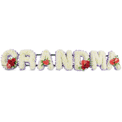 Set against a clean white background, this carefully composed funeral flower arrangement spells "GRANDMA" in large, bold letters, like a quiet statement of love laid in a Golders Green chapel. Each letter is built entirely from pristine white cushion chrysanthemums, packed closely together so their tiny, rounded petals create a soft, plush texture that looks almost like fresh snow. A delicate band of pale lavender or light purple ribbon traces the outline of each letter, lending a gentle glow of colour and a sense of serenity reminiscent of an early morning walk through nearby Golders Hill Park. Rich accents of red flowers are thoughtfully placed to punctuate the tribute. On the letter "G", a lush spray of deep red roses curves into the shape, joined by a unique red-and-white variegated calla lily that adds a touch of individuality, as if capturing one of grandma's favourite blooms. The first "A" carries a single, heart-shaped red anthurium at its base, its glossy surface and sculptural form standing out against the cushiony white petals. At the centre, the "M" is enhanced with another cluster of velvety red roses and a second red anthurium, while the final "A" is finished with a solitary anthurium, completing the visual rhythm from start to finish. Subtle greenery and a dark green supporting frame hold the letters in place, giving the piece a steady, reassuring presence. This personalised floral lettering is a touching sympathy tribute, ideal for funeral services or a cremation near Golders Green, offering a graceful way to say goodbye to a much-loved grandmother with beauty, dignity, and quiet affection.