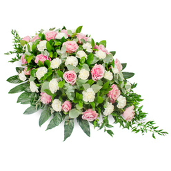 Shown against a bright, untextured white background, this elongated funeral spray takes on a classic teardrop shape, with a full, rounded head of blooms that gradually stream into a finer point. At its heart are numerous pink roses, arranged closely enough that their petals almost touch, creating an unbroken flow of soft colour. Some of the roses are newly opened, with centres still tucked in, while others are wide and layered, displaying every curve of their velvety petals. The pinks themselves vary subtly, from barely tinted blush to a more saturated rose, giving the piece a gentle depth rather than flat uniformity. Interspersed with the roses are white carnations and smaller spray carnations, whose ruffled, multi-petalled heads provide a plush, cushion-like contrast, brightening the overall palette. Beneath and around the blooms, a generous mix of foliage provides structure and shape: glossy, deep green leaves outline the teardrop silhouette, while dusty, silvery eucalyptus leaves nestle between stems, adding interest and a sense of cool freshness. From the narrow, trailing end, fine strands of dark green ruscus or similar foliage spill gracefully, giving a feeling of movement and natural flow. The arrangement communicates a quiet sense of respect and tenderness, suitable as a casket spray or main tribute at a memorial. In Golders Green, a design like this would sit comfortably at a service near the local crematorium or a family gathering spot, its soft colours echoing the tranquillity of nearby residential gardens and tree-lined streets, offering a dignified, beautifully crafted expression of farewell.