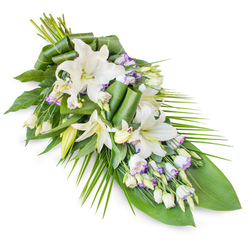 A refined sympathy spray is shown against a clean white background, its long, tapering shape drawing the eye from a full cluster of blooms at the top left down to a delicate point at the lower right. Dominating the arrangement are white oriental lilies, some in full, trumpet-shaped bloom with soft, creamy petals curving outward, others still tightly held in pale green buds that promise, but never quite reach, full blossom. Their calm presence is softened by sprays of lisianthus, whose petals are mostly white yet traced with whisper-light lavender and subtle purple veins, adding the faintest hint of colour, like dusk over the quiet streets of Golders Green. Interspersed buds and half-open flowers build layers of depth, a visual echo of cherished memories. Beneath and around them, a generous base of foliage creates structure and contrast: broad, dark leaves offer a deep green backdrop, while a few are carefully folded or rolled into graceful, architectural shapes that show the steady hand of an experienced florist. Long, narrow palm-like fronds sweep outward from the right side, reinforcing the teardrop silhouette and lending a feeling of gentle movement, as if a breeze had passed through nearby Golders Hill Park. The composition feels cool and composed, the imagined scent light and green rather than overpowering. Suitable for a casket, chapel display, or a memorial gathering in the local area, this floral piece quietly expresses condolences, respect, and the enduring beauty of a life well lived.