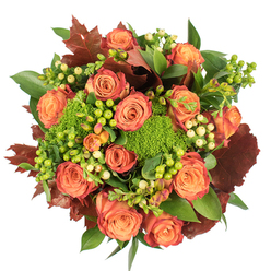 From a bird's-eye view, this rich, textured arrangement presents a celebration of fall color as if gathered after a crisp walk from Hoop Lane to Golders Hill Park. The composition is dominated by large, open roses whose petals graduate from warm apricot cores to deeper coral and russet fringes, each bloom layered with velvety folds that invite the fingertips. Interspersed among those classic roses are clusters of Hypericum berries-some bright lime, others a soft, buttery cream-whose glossy spheres give the eye small, lively punctuation points. Sprays of green Trick dianthus, dense and cushion-like, settle into hollows between roses, contributing a surprising plushness and verdant sparkle like moss tucked into a woodland crown. Scattered through the bouquet are broad, deep-red leaves with a slightly toasted appearance, echoing the palette of fallen leaves on a Golders Green pavement and anchoring the brighter tones. Fresh green foliage of varying shapes and finishes-broad, shiny leaves and more delicate, textured greenery-frames the whole piece, providing depth and a feeling of generous abundance. Under gently diffused studio light, the colours glow warmly, and the arrangement exudes a soft, earthy perfume of rose and green stems. This hand-assembled design reads as both sophisticated and comforting, a wonderful autumn centrepiece for family gatherings or a considered seasonal gift for neighbours and friends across Golders Green and Hampstead Garden Suburb.
