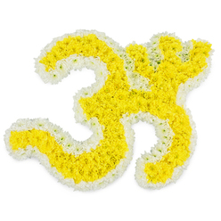 An intricate floral Om (Aum) symbol, carefully crafted as a funeral tribute, lies against a spotless white background, giving the whole piece a calm, contemplative presence. The central form of the sacred character is built from countless tiny yellow blossoms, perhaps button chrysanthemums or marigolds, each head packed so closely that the surface becomes a soft, textured cushion of golden colour. This sunlit yellow fills the swirling curves, rounded shapes, and gentle sweep of the Om, while a deliberate border of snowy white flowers traces its outer edge like a halo. Every turn and taper, including the small circular element at the top right, is drawn clearly in petals, demonstrating the florist's steady hand and deep respect for the symbol's spiritual meaning. The lighting is bright and even, making the yellows appear warm and inviting, and the whites look clean, cool, and serene. Emotionally, the arrangement speaks of devotion, remembrance, and the cycle of life, echoing the quiet streets and shared rituals of families around Golders Green and nearby Temple Fortune. You can almost sense the soft rustle of petals as the piece is carried into a memorial chapel, the fragrance of fresh flowers mingling with incense and whispered prayers. This floral Om would be especially fitting for a Hindu or yoga-inspired farewell, a gentle centrepiece that invites reflection and honours the beliefs of the person who has passed. It feels like a final blessing made visible in flowers, uniting tradition, artistry, and heartfelt condolence in one radiant, respectful design.