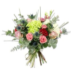 An artisanal hand-tied bouquet, photographed on a brilliant white field that accentuates every petal and leaf, reads like a small, fragrant story gathered from the neighbourhood gardens near Golders Green tube. Dominating the scene is a bright, lime-green hydrangea cluster whose densely packed, tiny petals form a soft, cloud-like focal heart. Around it, scarlet, velvety roses deliver a sense of depth and classic romance while softer blush and cream roses unfurl with a gentler, intimate expression. Coral-pink carnations, their ruffled, frilly edges catching light and shadow, offer playful texture and warmth among the smoother rose heads. The arrangement is enlivened by architectural blue-grey Eryngium thistles - spiky, steel-tinged and sculptural - that add a contemporary, slightly wild edge against the bouquet's softer elements. Fresh greenery fills the spaces with intention: long-silvery eucalyptus lends an aromatic, slightly mentholated scent and contemporary hue, while thin blades of bright green grass or filler foliage reach outward to create movement and lift. The stems, visible at the base, are neatly gathered and tied with a natural-coloured twine, the cut ends showing the fresh, green vitality of the stems. Lit as if in soft morning light, the composition balances softness and structure, making it suitable for many meanings - a thoughtful Mother's Day gift, an anniversary surprise, or a refined centrepiece for a small celebration in a Golders Green flat. The overall impression is of careful craftsmanship, natural beauty and a palette that feels both joyful and elegant.
