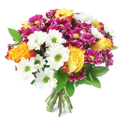 A full, rounded bouquet of mixed fresh flowers fills the frame against a clean white background, every colour and petal standing out with striking clarity, as if placed on a florist's workbench just off Golders Green Road. Dominating the composition are generous bi-colour roses, their petals unfurling from bright sunshine yellow at the heart to rich orange and soft reddish-orange along the edges, giving the whole arrangement a warm, embracing glow. Around and between them sit neat clusters of white daisy chrysanthemums, each with a bright lime-green centre that adds a cool, refreshing note, like a breeze through the trees in nearby Golders Hill Park. Deeper in tone, intense magenta and fuchsia chrysanthemum blooms are dotted throughout, their dense, multi-petalled heads and yellow-green cores providing a cheerful, jewel-like richness. Dark green foliage, likely ruscus or similar, weaves through the bouquet, its glossy leaves accenting the blooms and lending a natural, just-picked look that feels at home in any Golders Green living room or office. The stems are gathered firmly at the base, neatly trimmed and aligned, giving the impression of a freshly finished hand-tied design ready for delivery across NW11. Soft, even lighting emphasises the bouquet's curves and layers, highlighting how thoughtfully the flowers are grouped by size and colour. The overall mood is joyful and uplifting, suitable for birthdays, anniversaries, congratulations, or simply sending a burst of colour to someone special near Brent Cross or Temple Fortune who could use a little extra light in their day.