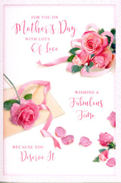 This Mother's Day card design presents a romantic still life of roses and petals, composed with the same gentle precision a florist in Golders Green would use when preparing a bouquet for a family gathering near Golders Hill Park. At the centre, a loose cluster of blush and mid-pink roses unfolds across a clean white background, the petals layered and velvety, with subtle shading that suggests the softness of real flowers just brought in from the garden. Around them, individual petals are artfully scattered, some near the scripted greeting, others drifting toward the edges, creating the feeling of a moment frozen in time, like a few petals falling from a vase on a quiet Sunday breakfast table. A delicate ribbon, tinted in a complementary pastel tone, winds gracefully around the bouquet, looping in gentle arcs that echo the curves of the petals and suggest a loving, hand-tied finish. The message, written in flowing, slightly whimsical calligraphy, offers affectionate Mother's Day wishes with an air of relaxed elegance, the letters seeming almost to float above the floral scene. The lighting is soft and diffuse, as if filtered through a window on a mild spring morning in NW11, adding a warm glow and faint shadows that give the roses dimensionality without overpowering the design. The card feels both classic and contemporary, a calm, fragrant composition that would pair beautifully with fresh flowers delivered across Golders Green, Temple Fortune, or nearby streets to honour a much-loved mum.