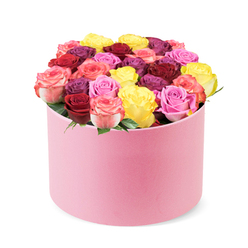 At a glance, this arrangement reads as a crown of blooms resting in a rounded pastel pink gift box, its velvety surface catching the studio light. Against a clean white background, dozens of fresh roses rise in a lush dome, each bloom perfectly formed, giving the bouquet a sense of generous luxury. The color chorus is rich and bright: crimson red and magenta deepen the composition, sunshine-yellow glows beside them, bubblegum pink adds whimsy, and bi-color blooms melt from soft pink to creamy white. The roses are packed tightly, with only slender ribbons of greenery peeking through to frame the blossoms.

The overall effect is contemporary yet inviting, a sophisticated expression of celebration and affection. This is the kind of arrangement that suits birthdays, romantic gestures, or Mother's Day deliveries, especially when ordered from Flowers Golders Green for same-day or next-day delivery across Golders Green and nearby streets such as Finchley Road, Hendon, and Hampstead. The box's tactile, suede-like finish and the careful artistry of placement speak to skilled floristry, promising a gift that feels personal as well as premium. The scent-soft rose with a citrus lift-trickles through the air as the petals catch the light, completing the sensory impression of refined luxury.