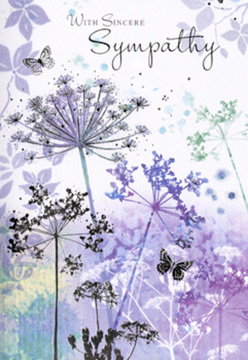 This sympathy card opens to a tranquil illustration that feels as though it could have been inspired by an early morning walk through the quiet streets of Golders Green before the shops stir awake. Slender stalks of umbelliferous wildflowers stretch upward, their lacy, rounded heads painted in layered touches of violet, lilac, and muted blue, all lightly veiled by gentle washes of silvery green. The blossoms are depicted as delicate silhouettes rather than bold, solid shapes, so each tiny floret appears almost translucent, merging softly with the watercolour background like distant hedgerows softened by mist. Between the stems, two or three butterflies float with wings just lightly outlined, as if caught mid-hover in a barely-there breeze, symbolising a tender kind of hope in the midst of grief. The entire scene is suffused with a soothing, diffused light, free of hard edges or stark contrast, which brings to mind the softness of the sky over nearby Hampstead Heath when clouds are low and the air is still. A simple, sincere condolence message rests above the flowers in graceful script, unobtrusive yet clearly present, like a quiet voice offering comfort. There is no heavy colour or decoration to overwhelm the eye; instead, negative space and gentle gradients invite a slow, reflective gaze. As a florist used to creating sympathy flowers for families across Temple Fortune and Brent Cross, I recognise in this artwork the same intention we put into our arrangements: to offer understated beauty, respect, and a sense of enduring care, making it a thoughtful choice for sending condolences within the Golders Green community.