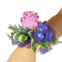 A soft, luminous aura surrounds this wrist corsage, shown against a clean white backdrop so the colours sing. A lush mauve-pink rose forms the focal heart, its petals partially unfurled and edged with a slightly deeper magenta that gives the bloom depth and a sensuous, velvet look. Beside it, saturated deep-purple hydrangea clusters settle in like a painter's shadow, each tiny floret carrying a subtle blue-tinged centre that adds an almost pearlescent glow. Variegated English ivy, with its dark green centres and creamy margins, frames the arrangement in graceful arcs and brings an evergreen, familiar comfort. Fine, silvery foliage-suggestive of eucalyptus or an aromatic sprig of lavender-softens the silhouette, lending a feathery, aromatic note you can almost smell when held close. A sculptural rolled leaf with bold white-and-green stripes adds a contemporary graphic twist, its spiral catching the eye and balancing the soft rounds of the blooms. Beneath the flowers, a layer of deep purple open-weave mesh lifts and breathes light into the design, a lacy foundation that enhances the corsage's evening-ready feel. The tactile contrast between silky petals, crisp ivy, and airy mesh invites gentle touch and quiet admiration. This piece reads as both refined and playful-perfect for bridesmaids, prom dates, or guestsof honour-and carries the craftsmanship you'd expect from a neighbourhood florist near Golders Hill Park and Golders Green Road, made to be worn with ease and remembered with affection.