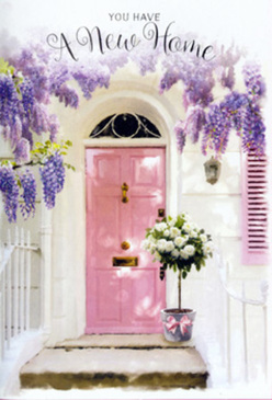 In this tranquil doorway scene, imagined just off Golders Green Road on a mild spring afternoon, a sense of fresh possibility hangs in the air. A cascade of wisteria, dense with softly tumbling blossoms in shades of lavender and pale violet, frames a charming pink front door that looks freshly painted for a new chapter. The whitewashed wall around it reflects the gentle daylight, while a simple shutter, painted in a muted pastel, lends a hint of cottage charm that feels unexpectedly peaceful in busy NW11. At the doorstep rests a chic, weathered tin bucket, carefully arranged with generous white and cream roses, their petals rounded and plush, each flower cupped by silvery-green and soft emerald foliage. A blush-pink satin ribbon encircles the bucket, tied in a loose, graceful bow that drapes towards the stone step, mirroring the relaxed fall of the wisteria overhead. Light filters through the blooms above, casting the faintest dappled pattern on the door and threshold, so the whole entrance seems to glow with quiet welcome. The composition feels lovingly curated by an experienced florist who understands how flowers can soften the nerves of moving day and turn a bare doorway into a sanctuary. You can almost hear the distant hum of buses and conversations from Golders Green station, while this entrance remains a pocket of calm and hope. It's an image that suits a new home card or housewarming gift perfectly - a floral embrace that promises comfort, friendship, and the gentle joy of settling into a new address.