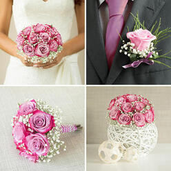 Resting on a smooth expanse of creamy linen, the bridesmaid's bouquet appears as a delicate celebration of soft colour and texture. The arrangement is composed of lavender and pale pink roses, each bloom thoughtfully placed so their rounded shapes nestle closely together, creating a gentle, undulating surface of petals. Some roses are almost fully open, revealing their layered hearts, while others are still partially closed, adding subtle variation and depth. Among them, fine sprays of white gypsophila weave in and out, their tiny blossoms like floating pearls that bring a sense of lightness and playfulness to the design. The stems are gathered tightly and wrapped in a shining pink ribbon that glimmers slightly, finished with tiny pearl accents that catch the light in a refined, understated way. This touch of shimmer echoes the jewellery and hairpieces often worn by bridesmaids at weddings in and around Golders Green, whether in a family garden or a nearby hotel venue. The neutral linen beneath provides a calm, warm-toned background that allows the pastel colours to shine without distraction. Gentle, diffused lighting bathes the bouquet, enhancing the soothing palette and casting soft, almost imperceptible shadows. The effect is of a bouquet that feels both tender and uplifting, as if it has been designed to steady nervous hands and share in the happy anticipation of the day. You can almost sense the faint, powdery rose fragrance rising from the blooms, mingling with the crisp freshness of the gypsophila, ready to accompany bridesmaids as they stand by the bride during vows, photos, and every cherished moment in between.