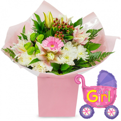In this image, a carefully arranged new baby girl floral gift takes centre stage, set against a pure white backdrop that enhances every pastel shade and glossy leaf. The composition is built around a tall, square, light pink gift box, from which a generous bouquet of fresh flowers spills upward in a full, rounded shape. A single bright pink Gerbera daisy, with its open face and layered petals, draws the eye first, symbolising happiness and new beginnings. It is encircled by clusters of clean white chrysanthemums and elegant alstroemeria lilies whose pale pink and white petals are flecked with fine speckles, giving the arrangement a painterly, almost hand-illustrated charm. Nestled among them are creamy yellow lily buds, still tightly closed, echoing the sense of quiet anticipation that surrounds a newborn. Vivid lime-green button blooms add a modern twist and textural interest, while small sprays of deep red hypericum berries lend warmth and richness. The flowers are supported by an abundance of dark green, broad leaves and feathery fern fronds, which curve softly around the edges, creating a natural frame and hinting at the expert touch of a local Golders Green florist. All of this is wrapped in soft, ballet-pink tissue and a layer of clear cellophane, cradling the stems neatly into the box and suggesting a bouquet ready for doorstep delivery along Golders Green Road or near Hampstead Garden Suburb. Hovering just to the right, a shiny pink foil balloon in the shape of a baby pram completes the story. Its purple hood and wheels, with multicoloured spokes, surround the joyful message It's a Girl! written in playful yellow and green lettering. Small decorative hearts and the metallic sheen give the balloon a fun, party-ready feel, making the entire scene ideal for celebrating a baby shower, a hospital homecoming, or a first welcome home in NW11.