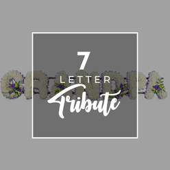 The image is composed around a strong central motif: a dark grey square, framed by a slim white border, floating over a slightly lighter grey background that feels calm and understated, much like a quiet morning near Golders Green station. Inside the square, bright white text provides a clear focal point, with a large numeral "7" at the top, "LETTER" in smaller uppercase beneath, and the word "Tribute" written in an elegant script that curves softly across the lower half of the square. Behind this central block of text, partly concealed but still very present, runs a floral word arrangement spelling "GRANDMA," a touching seven-letter funeral tribute. Each letter is carefully formed using dozens of compact white chrysanthemums, their tightly layered petals creating a velvety, almost pillowy surface. Scattered through the white are considered touches of purple, possibly lisianthus or spray roses, paired with fresh green foliage, adding depth and a sense of living colour. From the left-hand side, you can clearly see the rounded G, followed by the edges and crossbars of the R, A, N, D, M and the final A as they continue out of frame. The design feels both formal and deeply personal, like a custom piece arranged by a local Golders Green florist who understands how important it is to say goodbye beautifully. The combination of cool grey tones, pure white flowers, and rich purple accents creates a composed, respectful visual that would sit comfortably at a chapel of rest or at a memorial service in the wider NW11 area.