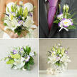 This four-panel image presents a single floral story told in white and purple, rendered with a florist's eye for rhythm and balance. In the upper-left, a bride in a strapless white gown cradles a generous bouquet dominated by fragrant oriental lilies-petals creamy and broad, stamens showing delicate texture-paired with white Eustoma whose petals are softly edged in vivid purple, like ink kissed at the rim. Unopened buds create promise among the fuller blooms, while slender spikes of deep purple accent flowers and varied greenery-broad leaves, thin grassy blades and airy sprigs-add contrast and motion. The upper-right frame focuses on a groom's boutonnière: a single open lisianthus rimmed in purple, a tiny lily bud and a touch of spiky purple, all pinned to charcoal-grey cloth with a white ribbon bow and a flash of purple silk tie beneath. On the lower-left a smaller hand-tied bouquet rests on textured beige fabric; its stems are tidily wrapped in white ribbon, a compact echo of the bridal design. The lower-right displays a tall arrangement in a white spherical, woven vase, the same lilies and purple-edged lisianthus rising above falling greens, set beside two decorative beige woven spheres on a light surface. Soft, warm lighting bathes the scene, giving the petals a luminous softness; this elegant palette and craftsmanship are often chosen for weddings in Golders Green and the surrounding Hampstead neighbourhoods, where classic charm meets contemporary detail.