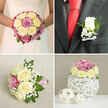 This four-part wedding image feels like a curated lookbook from a local Golders Green florist, bringing together bridal bouquet, groom's boutonniere, bridesmaid flowers, and table décor in one harmonious story of roses. In the top left panel, the bride appears from the shoulders down in a white dress with delicate lace along the bodice, her hands gently enclosing a round, tightly packed bouquet. Cream and pale yellow roses nestle beside deeper pink and mauve blooms, each head full and open, with airy clouds of white baby's breath and glimmers of green foliage tucked between the petals. The bouquet appears weighty yet soft, the kind of design one might carry out of a studio just off Finchley Road on a crisp wedding morning. The top right frame brings us closer to the groom's details: a deep charcoal suit jacket, a sharply pressed white shirt, and a smooth, bold red tie provide the backdrop for a single white rose boutonniere. The bud, surrounded by a halo of baby's breath and small green leaves, is tied with a precise white satin bow, the texture of the ribbon contrasting with the clean weave of the jacket. In the bottom left, a bridesmaid's posy lies on a lightly textured off-white linen surface. It mirrors the main bouquet with cream and yellow-cream roses, magenta-pink accents, fluffy white fillers, and loose greenery, finished with a cheerful pink-and-white striped ribbon handle that feels youthful and relaxed. The bottom right panel completes the set with a compact mound of roses and baby's breath cradled on a white, twig-woven spherical vase, flanked by two smaller woven decorative orbs, suggesting an elegant yet naturalistic table centerpiece suitable for receptions around Golders Green and nearby Hampstead venues.