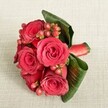 A richly detailed close-up of a compact red rose bouquet rests on a soft, cream-beige textured fabric, the kind of elegant hand-tied design you might carry to a wedding at a Golders Green synagogue or an intimate celebration near Hampstead Garden Suburb. At the heart of the image, five to six velvety red roses are captured in full bloom, their petals a deep, romantic crimson that shifts subtly to scarlet at the edges. Each rose head is tightly layered at the centre and more open towards the outer petals, giving a sense of luxurious depth and softness you can almost feel under your fingertips. Threaded between the blooms are delicate clusters of round Hypericum berries, glowing in shades of red and reddish-orange, adding playful texture and a lively, almost festive contrast to the smooth rose petals. Around the flowers, several broad, dark green tropical leaves are carefully curved and folded back on themselves, forming a polished, sculptural collar that frames the bouquet and hints at the florist's practiced hand. A glimpse of rich red satin ribbon peeks out along one side, wrapping the hidden stems and tying the whole arrangement together with a sleek, refined finish. The lighting is gentle and even, without harsh shadows, allowing each surface-petal, leaf, and berry-to stand out clearly against the neutral background. This romantic floral piece feels perfectly suited to a groom's or groomsman's accessory, a special corsage, or a small presentation bouquet delivered to a loved one in Golders Green, whether for an engagement, anniversary dinner, or a quiet gesture of appreciation on an ordinary weekday.